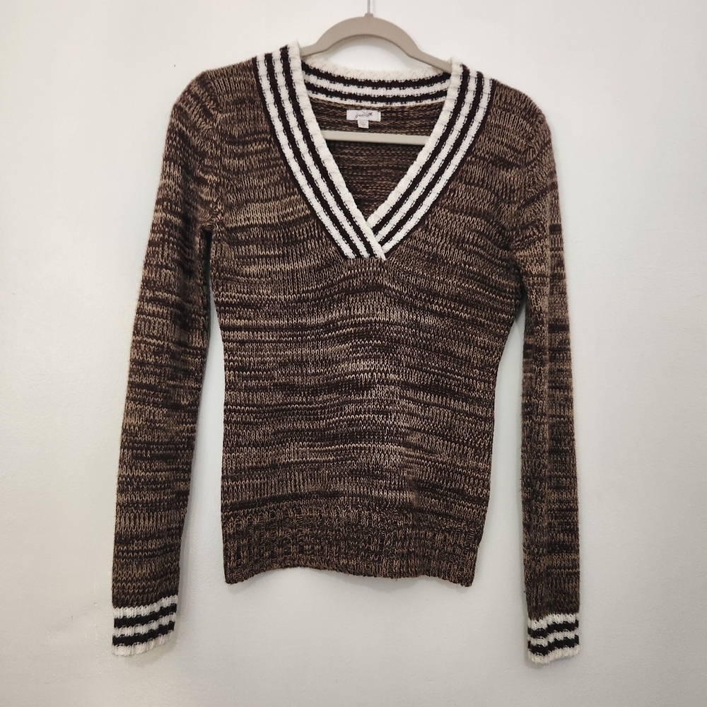 Grane Women’s Sweater Brown White V-Neck Long Sleeve Size M Preppy Knit